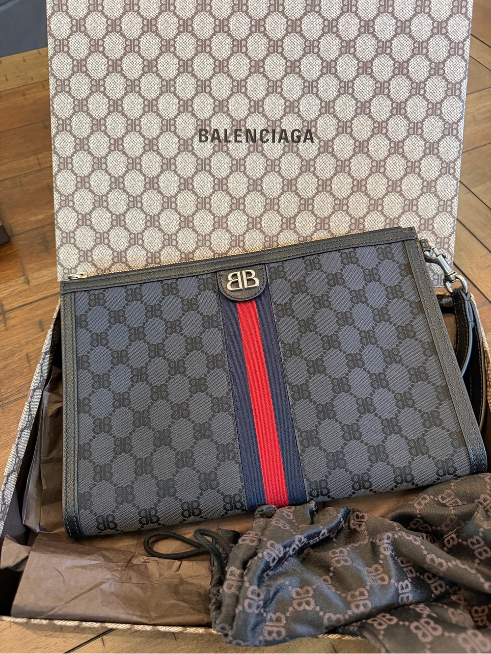 Balenciaga Black Monogram Toiletry Pouch with Red & Navy Stripe